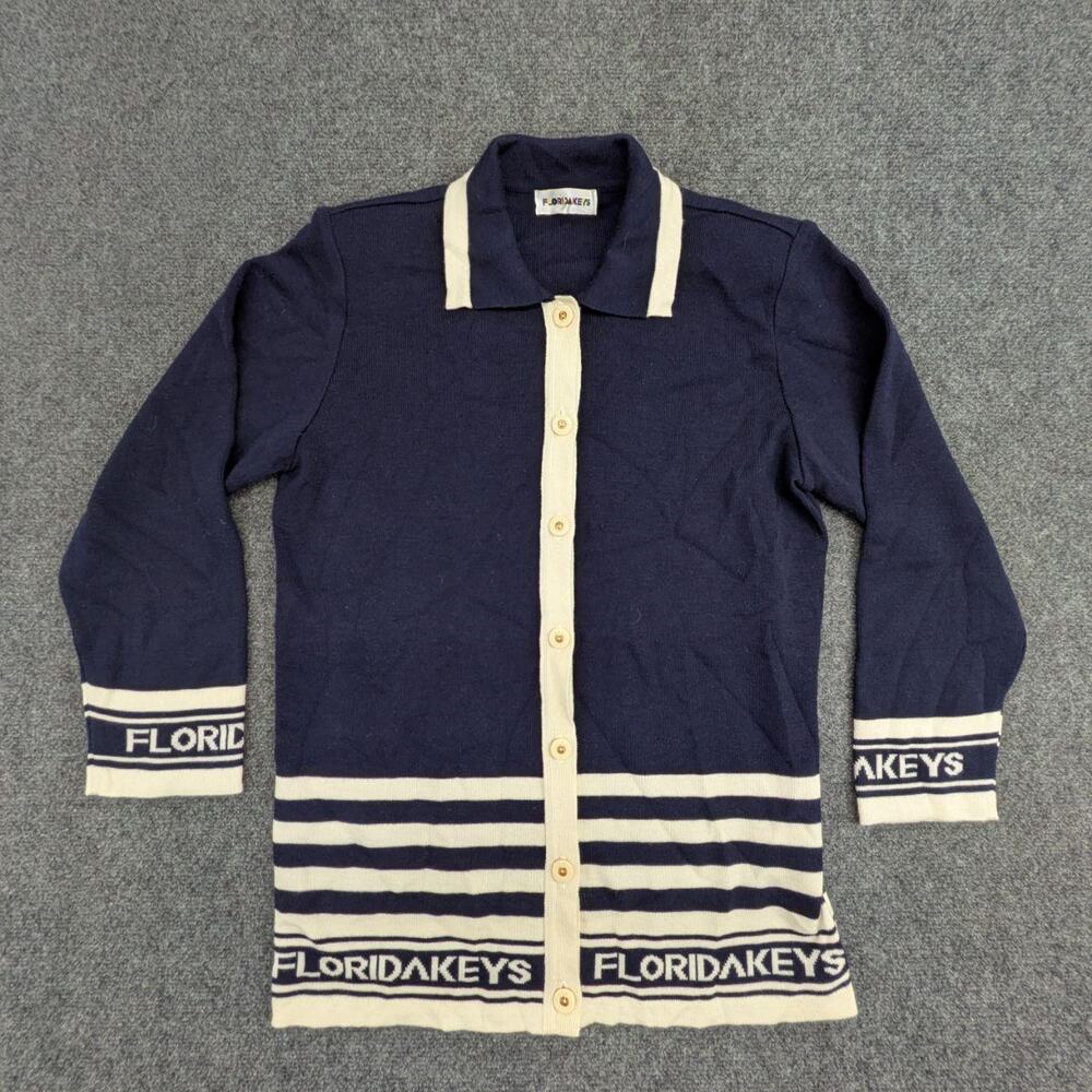 Florida Keys Cardigan Womens 8 Navy Blue Knit Contrast Polo Collar Button